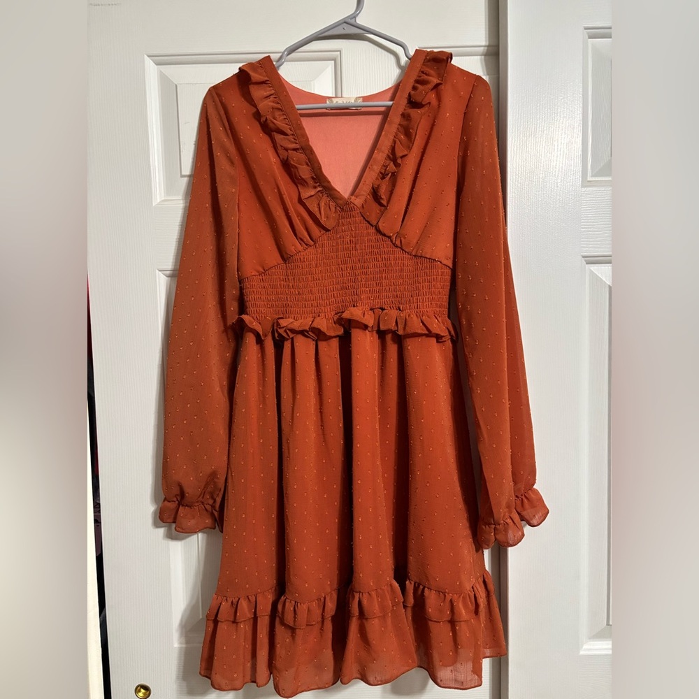 Burnt orange altar’d state mini dress with ruffle and dots detailing